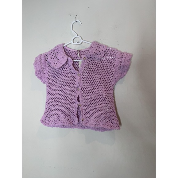 Free People Sweater Cardigan Womens XS Purple Crochet Collared Short Sleeve - Picture 2 of 10